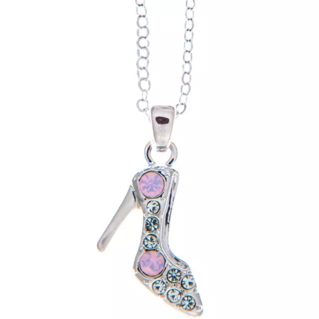 16'' Rhodium Plated Necklace w/ Stiletto Shoe & Pink Rose Crystals by Matashi