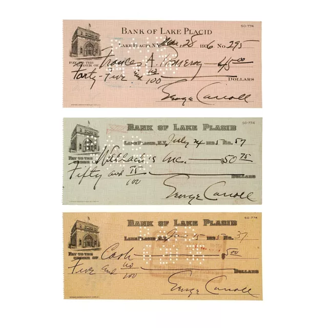 Set of 3 diff. Colors Bank Checks 1930's Cancelled Checks Lake Placid, NY