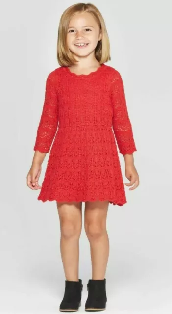 Toddler Girls Sparkle Crochet Long Sleeve Dress - Cat & Jack Red Size 2T