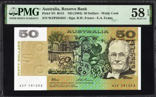 Australia 50 Dollars P47i R515 1994 Fraser Evans PMG58 Choice aUNC EPQ Banknote