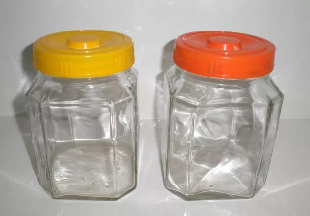1960s VINT SQUARE CUT CORNERS GLASS STORAGE JARS YELLOW & ORANGE PLASTIC LIDS