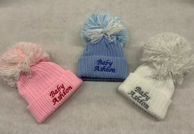 Personalised Unisex Baby Boy Girl Hat Knitted Pom Pom Baby Shower Gift Name Year