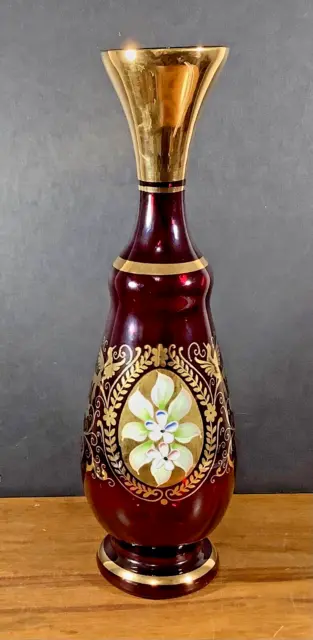 Venetian Glass Vase Hand Blown Red Enameled Florals Gold Gilt 11” Tall Murano