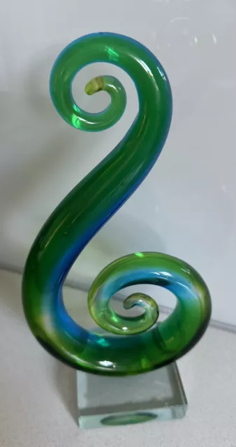Art Glass Sculpture Double Spiral Koru, Blue And Green Art Glass