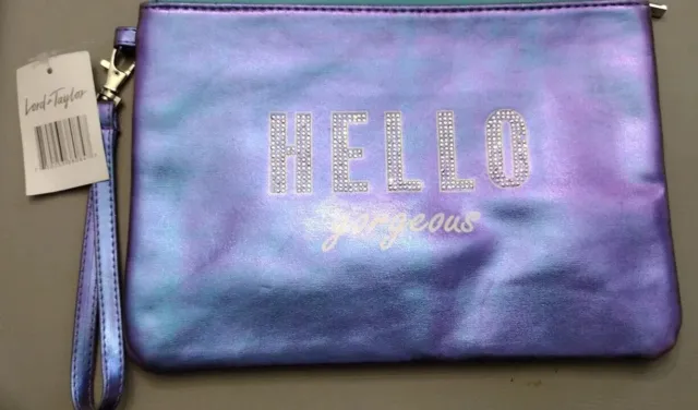 Hermoso bolso de maquillaje Lord & Taylor pulsera Hello púrpura diamantes de imitación bling shimme