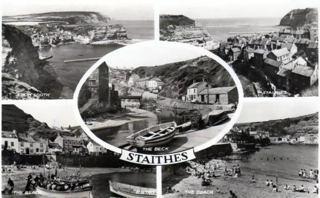 Staithes Multi View unused sepia RP old postcard Valentines Good