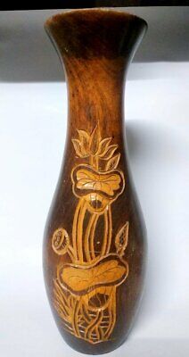 Hand Carved Wood Vase Vintage Design Beautiful Old Solid Art Decorative Tall 17"