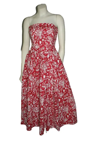 Laura Ashley Strapless Corset Red Floral Dress Cottagecore Garden Party Vintage