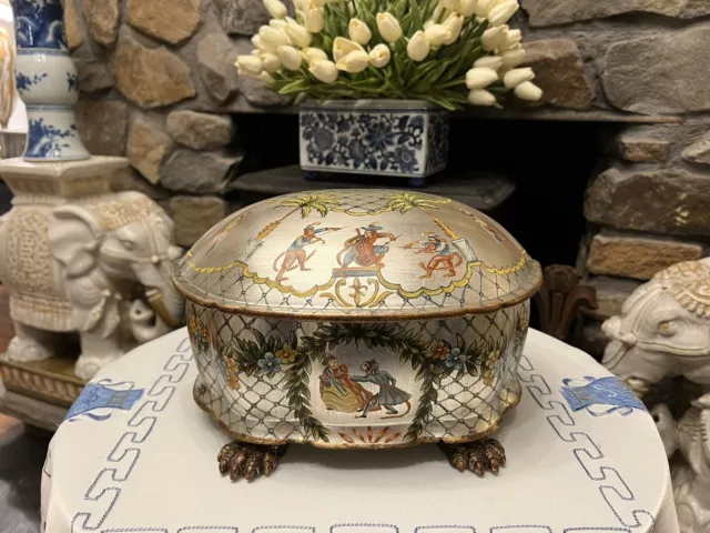 Castilian imports hand painted whimsical monkey tortoise turtle Chinoiserie box