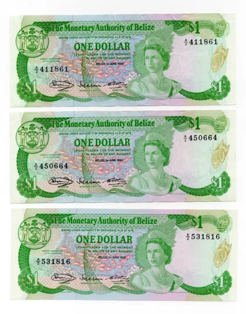 1980 Belize $1 One Dollar Uncirculated x 3 Queen Elizabeth Dollars Banknotes