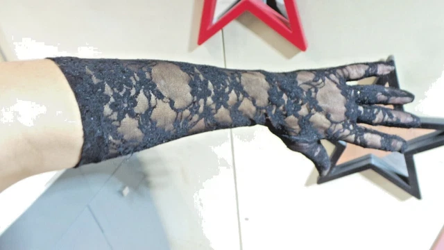 Gants Longs Manchettes Dentelle Noir Vintage - Taille Unique - Très Bon état