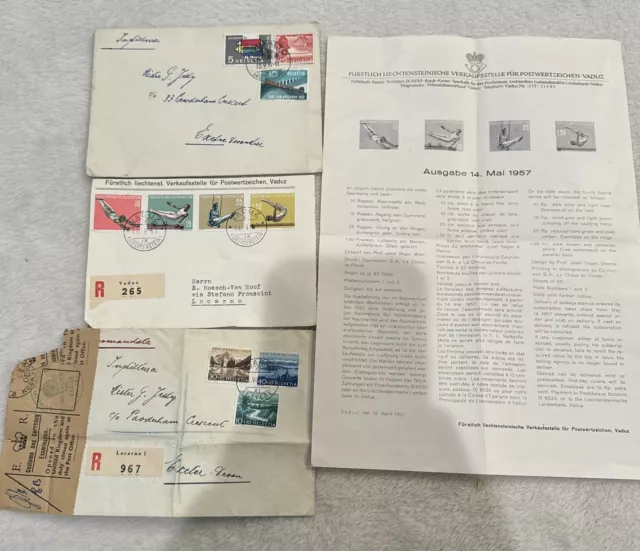 Lot Of (7) 1957 Envelope Letters Including Olympics LIECHTENSTEIN to Devon Rare