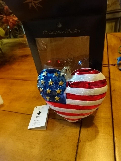 CHRISTOPHER RADKO Brave Heart 9/11 American Flag Heart Glass Ornament in Box