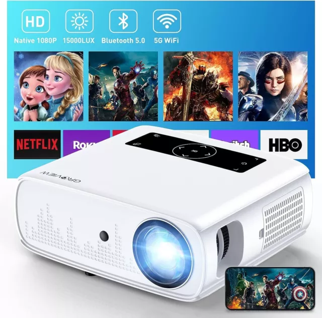 GROVIEW Projector, 15000Lux 490ANSI Native 1080P Wifi Bluetooth Projector, 300''