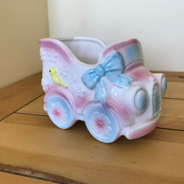 Baby Toy Car Ceramic Flower Vase Vtg Made in Japan Pink & Blue Planter Pot