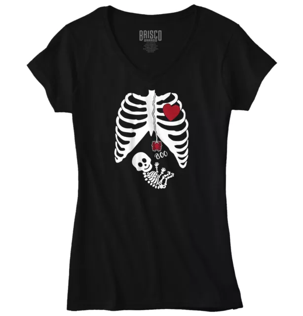 Funny Pregnant Halloween Cute Skeleton Baby Womens Juniors Petite V-Neck Tee