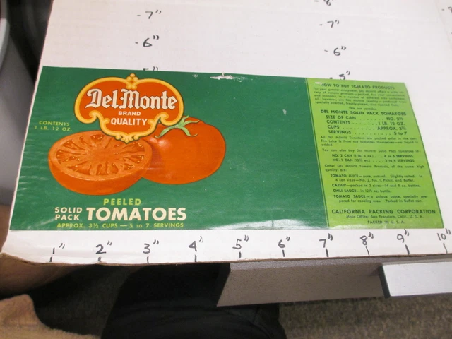DEL MONTE tomatoes peeled 1930s metal tin can food paper label 1lb 12oz