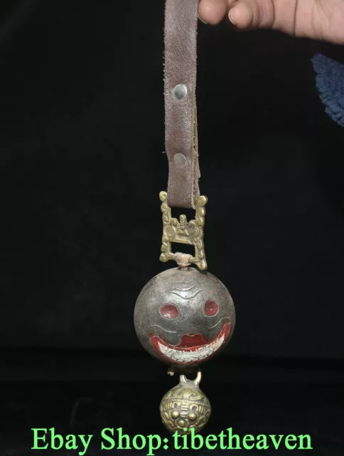 5.2" Rare Old Tibetan Leatherwear Bronze Buddhism Sun God Helios Face Small Bell