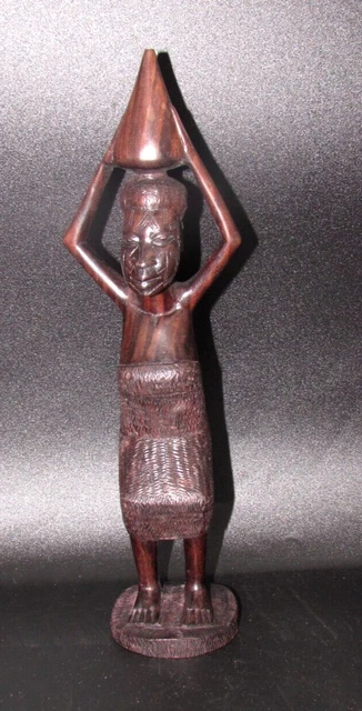 11" Tall African Woman w/basket Ebony wood Statue Hand Carved Makonde Tribe