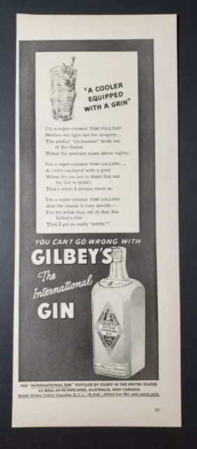 1942 Print Ad Gilbey's Gin A Cooler Equiped With A Grin WWII