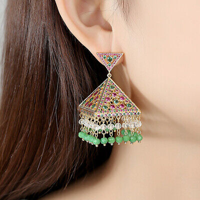 Retro Indian Ethnic Bohemian Bridal Jhumka 18K Gold Plated Drop Dangler Earrings