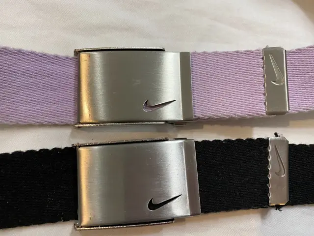 Lot of 2 Nike Golf Fabric Belts Silver Tone Swoof Logo Buckle Youth Size 35.5" L