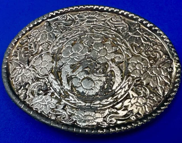 Vintage western flower swirl design silver tone belt buckle marked W