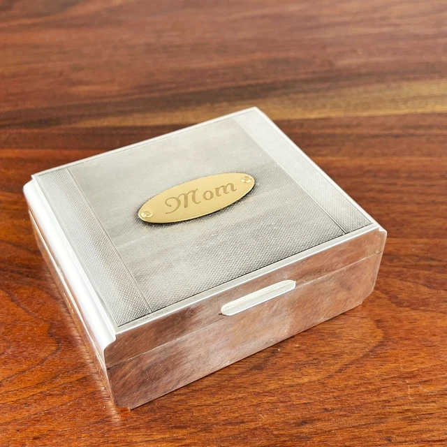 S J Rose & Son English Art Deco Sterling Silver & Wood Cigarette Box 1957 "Mom"