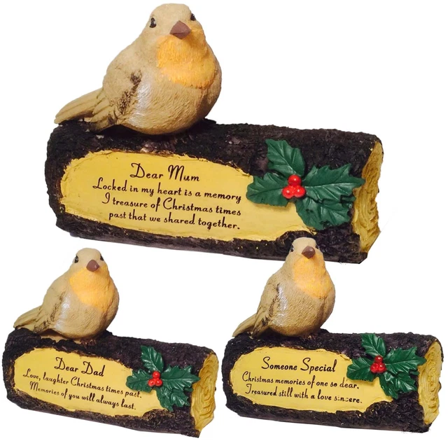 New Graveside Robin Log Festive Christmas Flower Memorial Plaques Ornament Stone