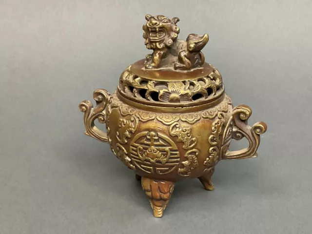 Antique Chinese Asian Foo Dog Bronze/Brass Incense Burner w/ Cover Censor OLD!