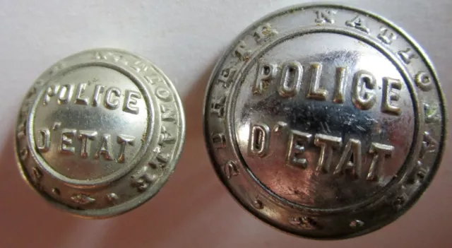 2 Boutons bombés métal argenté pour Sureté Nationale/ Police d'Etat, 16 et 22 mm