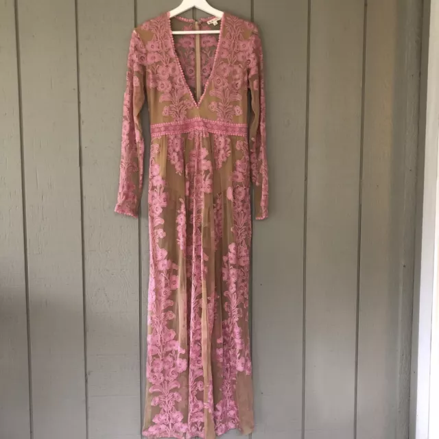 Free People For Love & Lemons Temecula Maxi Dress Size Large Pink Long Lace Prom
