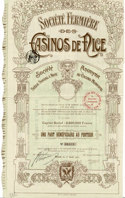 Casinos de Nice - 1910 - 1 Part Bénéficiaire ( Art Nouveau Jugendstil design ) Casinos de Nice - 1910 - 1 Part Bénéficiaire ( Art Nouveau Jugendstil design )