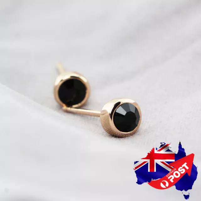 Women's 18K Rose Gold GF 5MM Classic Black Crystal Stud Earrings Stunning Gift