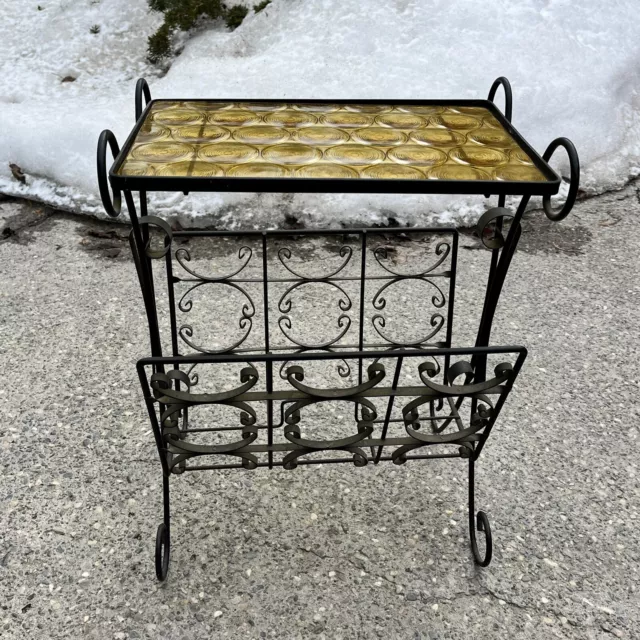 Vintage Black Wrought Iron Amber Glass MidCentury Accent Side Table Retro MCM 20