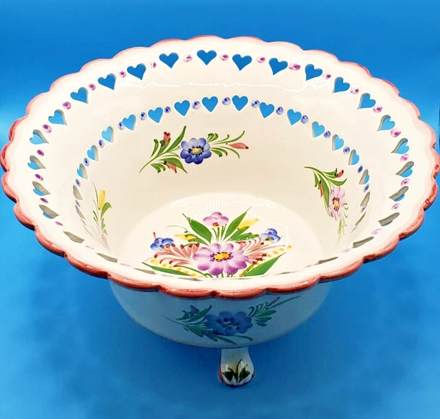 Vintage RCCL Portugal Hand Painted Footed Bowl Heart Lattice Floral Pattern