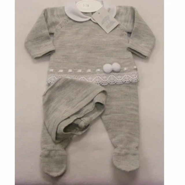Baby Boys Girls Spanish Style Romany Grey Knitted Pompom & Lace Jumper Outfit
