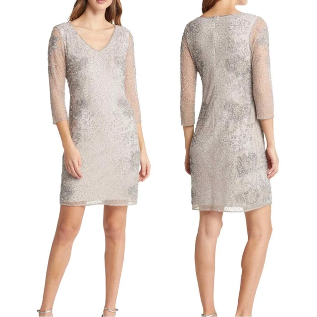 PISARRO NIGHTS Size 16 Women's Beaded V-neck Cocktail Dress Silver