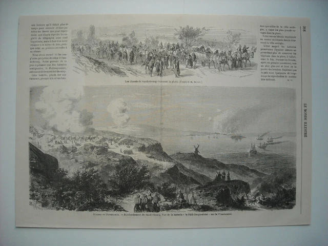 Gravure 1864. Guerre Du Danemark. Bombardement De Sunderbourg. Blesses Evacuent.