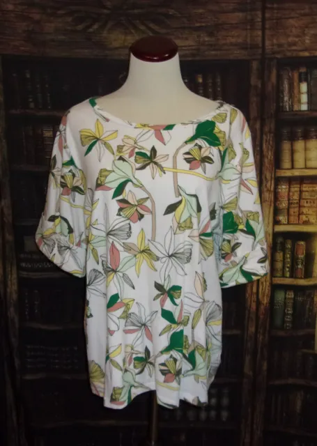 Liz Claiborne Cotton Top Blouse XL White Floral Womens Round Neck Short Sleeves