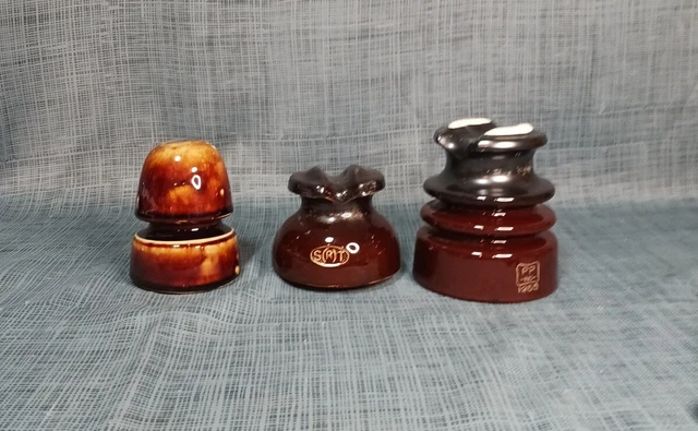 3 Vintage Power Line Electrical Porcelain Ceramic Brown Insulators. 2 Saddle