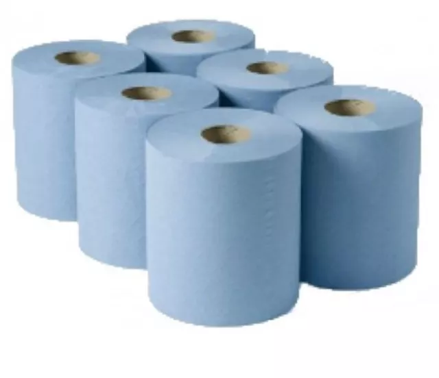 6 Pack 2 Ply Blue Embossed Center Feed Paper Wipe Rolls Toiler Tissue New