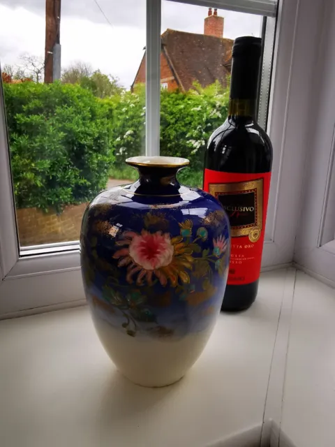 Vintage Japanese Chrysanthemum & Gilt Blue ceramic Vase.