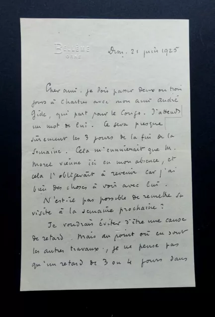 Roger MARTIN DU GARD - LETTRE AUTOGRAPHE SIGNÉE, AVEC André GIDE, BELLÊME 1925