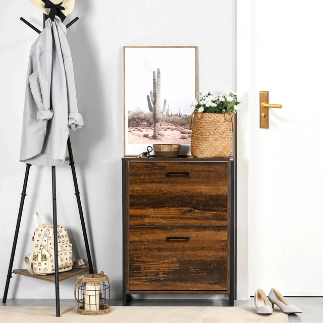 Shoe Cabinet with 2 Flip Doors, 2-Drawer Cupboard with Divider Rustic Brown