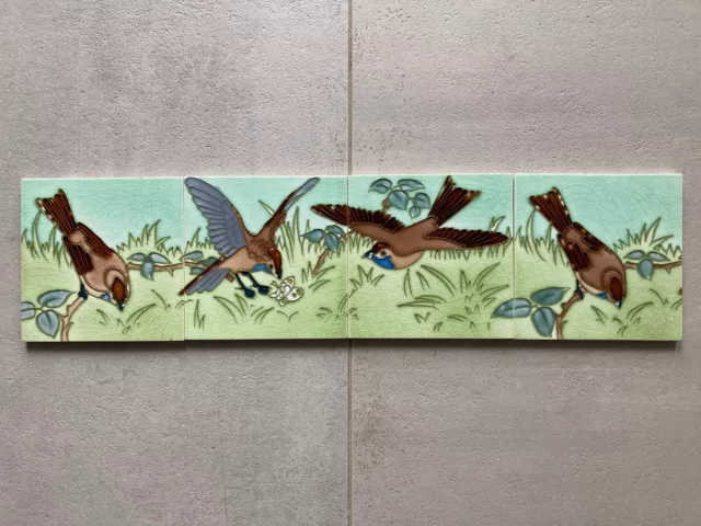 Antique Hand Tube-Lined Hemiksem Belgium Art Nouveau Four Tile Bird Set C1900