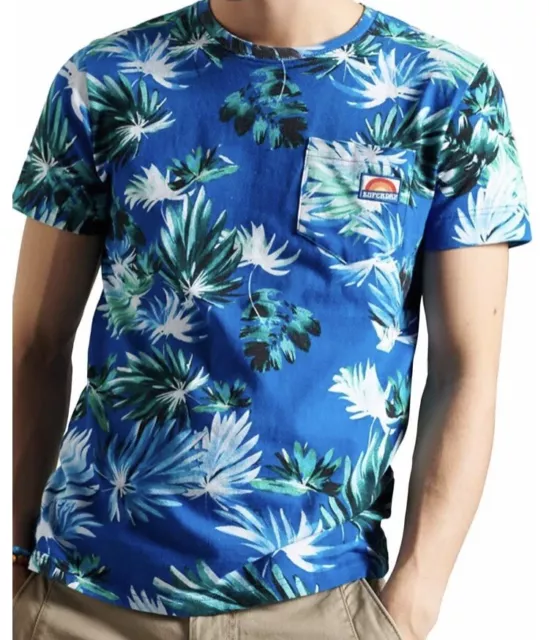 Superdry t-shirt à  poche à fleurs hawaii  taille XL bleu limited edition