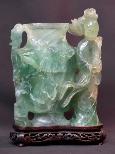 AA art chine grand vase pot ancien Fluorine sculpté 4.2Kg 25c geisha jade socle