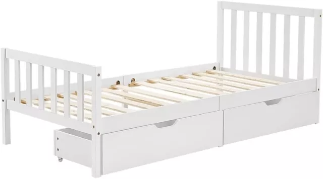 Single Bed 3ft White Solid Pine Wooden Bed Frame w/ 2 Storage Drawers 90x190 cm