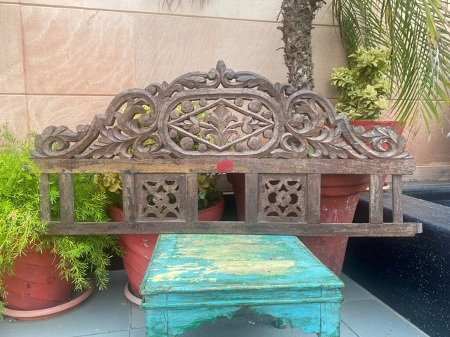 Ancient Old Wooden Hand Carved Floral Jali Cutting Wall Hanging Panel Door Panel